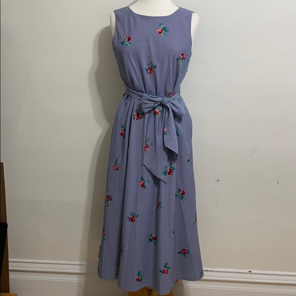Anne Klein Gingham Dress with Embroidered Flowers